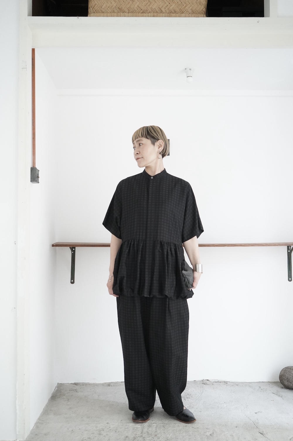 【20%OFF】HAVERSACK ギンガムジャガードバルーンブラウス Gingham jacquard baloon blouse / 622526　（Black） BLACK Scandal Yohji Yamamoto HC-P80-223 19AW Burberry fabric